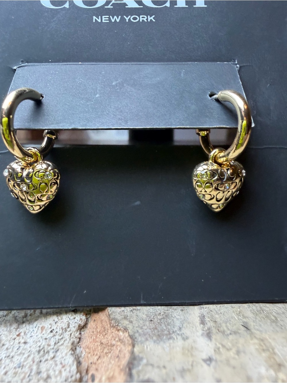 COACH Quilted C Crystal Heart Charm Huggie Earrings - Picture 8 of 8